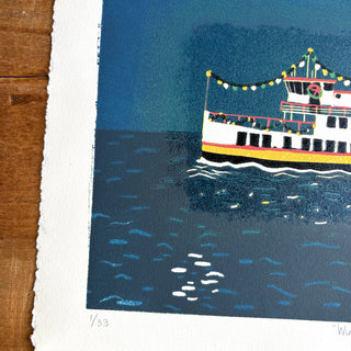 Hand Block Printed "Winter Ferry" Reduction Print
