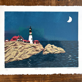 Hand Block Printed "Winter Lighthouse" Reduction Print