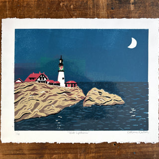 Hand Block Printed "Winter Lighthouse" Reduction Print