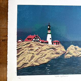 Hand Block Printed "Winter Lighthouse" Reduction Print