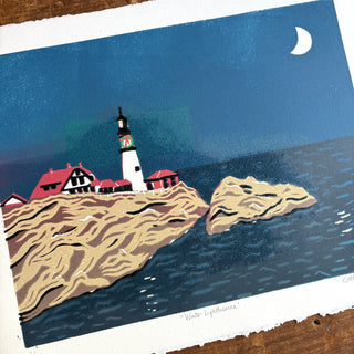 Hand Block Printed "Winter Lighthouse" Reduction Print