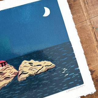 Hand Block Printed "Winter Lighthouse" Reduction Print