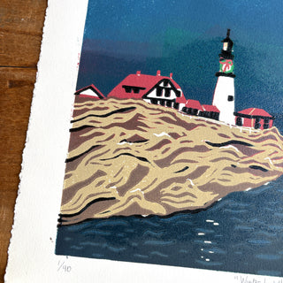 Hand Block Printed "Winter Lighthouse" Reduction Print