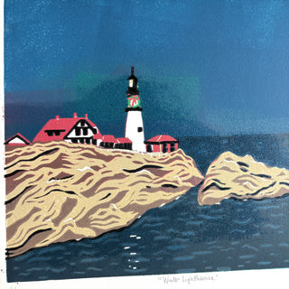 Hand Block Printed "Winter Lighthouse" Reduction Print