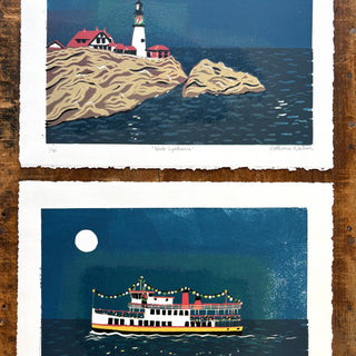Hand Block Printed "Winter Lighthouse" Reduction Print