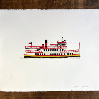 SECONDS: Hand Block Printed "Casco Bay Ferry" Reduction Print No. 1