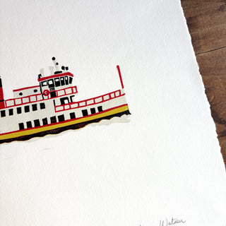 SECONDS: Hand Block Printed "Casco Bay Ferry" Reduction Print No. 1