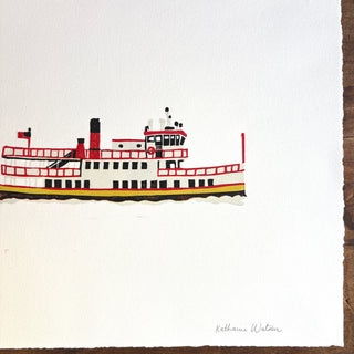 SECONDS: Hand Block Printed "Casco Bay Ferry" Reduction Print No. 1
