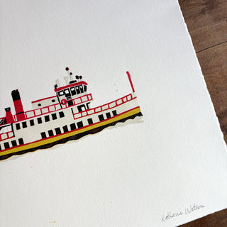 SECONDS: Hand Block Printed "Casco Bay Ferry" Reduction Print No. 2