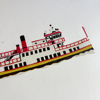 SECONDS: Hand Block Printed "Casco Bay Ferry" Reduction Print No. 2