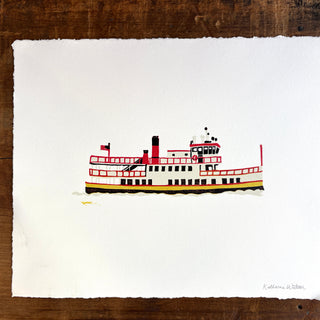 SECONDS: Hand Block Printed "Casco Bay Ferry" Reduction Print No. 3