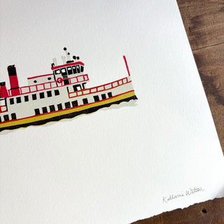 SECONDS: Hand Block Printed "Casco Bay Ferry" Reduction Print No. 3