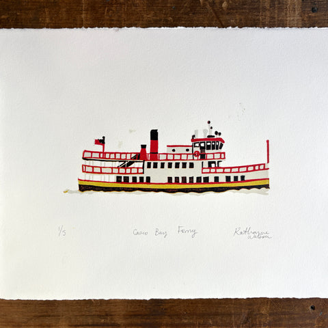 SECONDS: Hand Block Printed "Casco Bay Ferry" Reduction Print No. 4