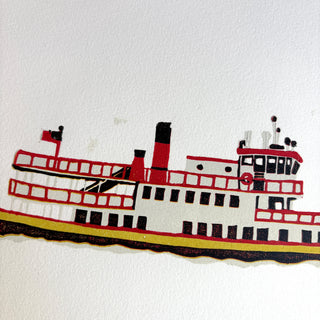 SECONDS: Hand Block Printed "Casco Bay Ferry" Reduction Print No. 4