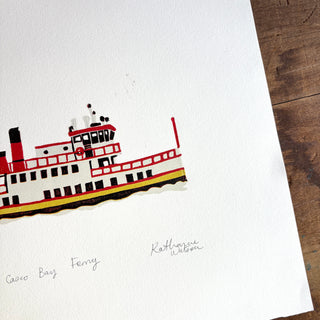 SECONDS: Hand Block Printed "Casco Bay Ferry" Reduction Print No. 4