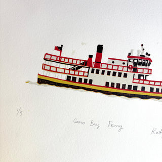 SECONDS: Hand Block Printed "Casco Bay Ferry" Reduction Print No. 4