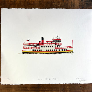 SECONDS: Hand Block Printed "Casco Bay Ferry" Reduction Print No. 5