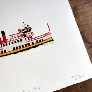 SECONDS: Hand Block Printed "Casco Bay Ferry" Reduction Print No. 5