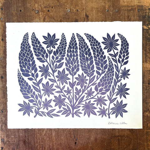 Hand Block Printed Lupines Art Print - No. 636