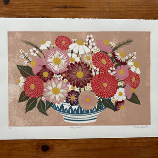 Hand Block Printed "Tabletop Floral I" Reduction Print - No. 13