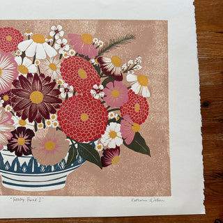 Hand Block Printed "Tabletop Floral I" Reduction Print - No. 11