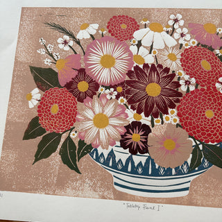 Hand Block Printed "Tabletop Floral I" Reduction Print - No. 11