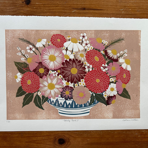 Hand Block Printed "Tabletop Floral I" Reduction Print - No. 5