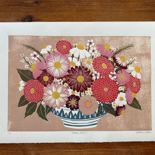 Hand Block Printed "Tabletop Floral I" Reduction Print - No. 3