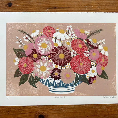 Hand Block Printed "Tabletop Floral I" Reduction Print - No. 1