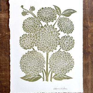 Hand Block Printed Art Print, Dahlias & Zinnias - No. 648