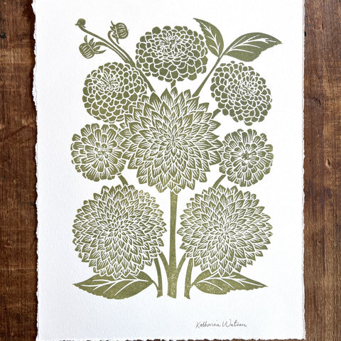 Hand Block Printed Art Print, Dahlias & Zinnias - No. 648
