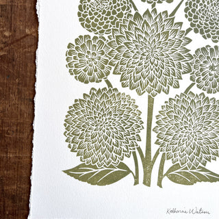 Hand Block Printed Art Print, Dahlias & Zinnias - No. 648