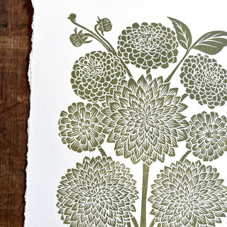 Hand Block Printed Art Print, Dahlias & Zinnias - No. 648