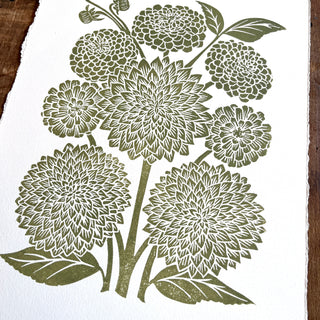 Hand Block Printed Art Print, Dahlias & Zinnias - No. 648