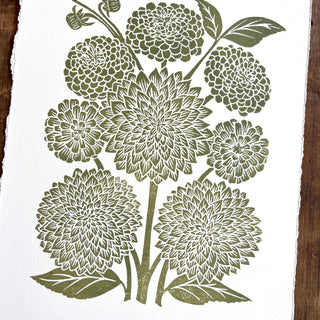 Hand Block Printed Art Print, Dahlias & Zinnias - No. 648