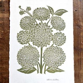 Hand Block Printed Art Print, Dahlias & Zinnias - No. 649