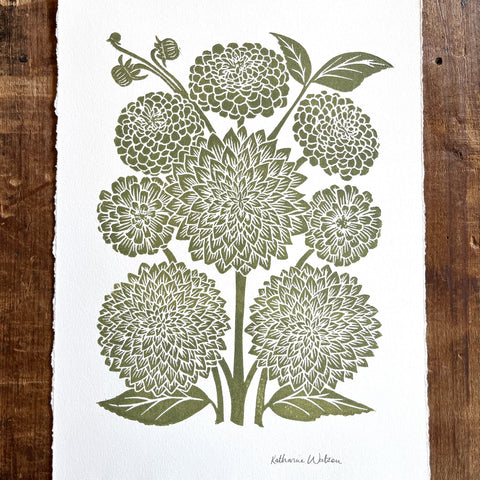 Hand Block Printed Art Print, Dahlias & Zinnias - No. 649