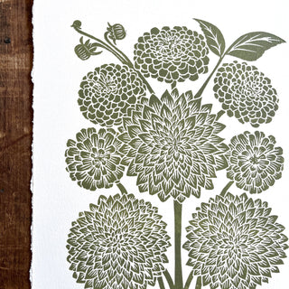 Hand Block Printed Art Print, Dahlias & Zinnias - No. 649