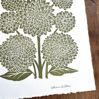 Hand Block Printed Art Print, Dahlias & Zinnias - No. 649