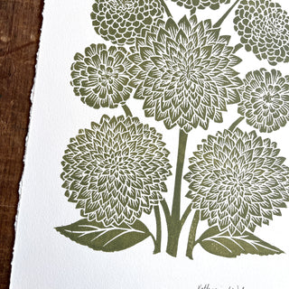 Hand Block Printed Art Print, Dahlias & Zinnias - No. 649