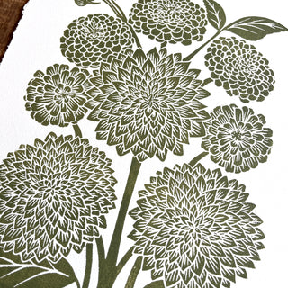 Hand Block Printed Art Print, Dahlias & Zinnias - No. 649