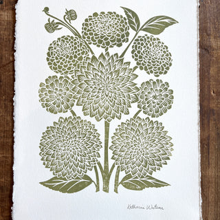 Hand Block Printed Art Print, Dahlias & Zinnias - No. 650