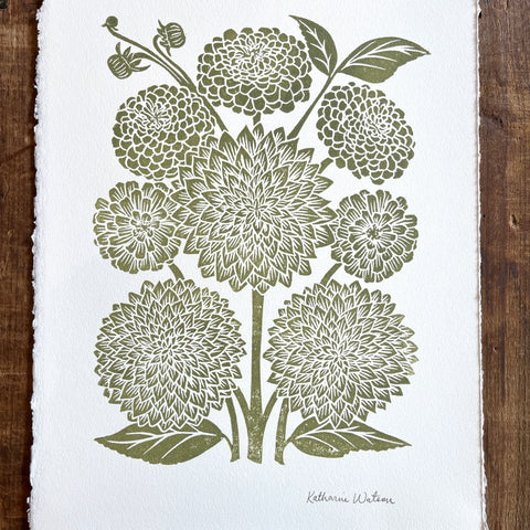 Hand Block Printed Art Print, Dahlias & Zinnias - No. 650