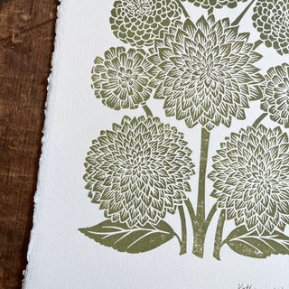 Hand Block Printed Art Print, Dahlias & Zinnias - No. 650