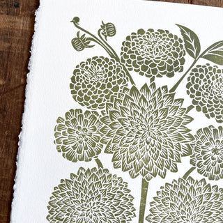 Hand Block Printed Art Print, Dahlias & Zinnias - No. 650