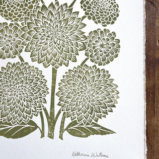 Hand Block Printed Art Print, Dahlias & Zinnias - No. 650