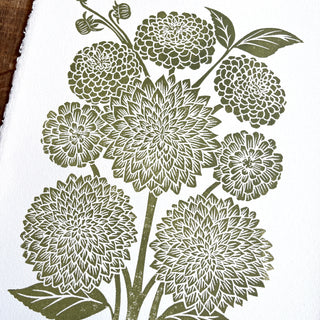 Hand Block Printed Art Print, Dahlias & Zinnias - No. 650