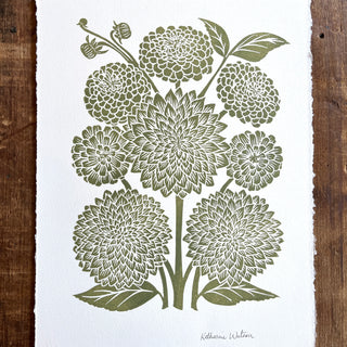 Hand Block Printed Art Print, Dahlias & Zinnias - No. 651