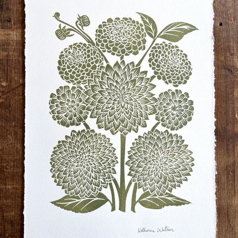 Hand Block Printed Art Print, Dahlias & Zinnias - No. 651