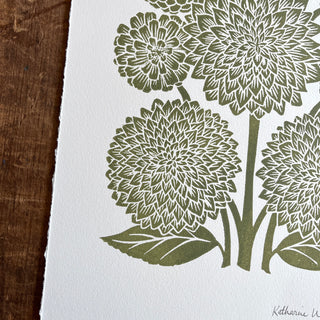 Hand Block Printed Art Print, Dahlias & Zinnias - No. 651